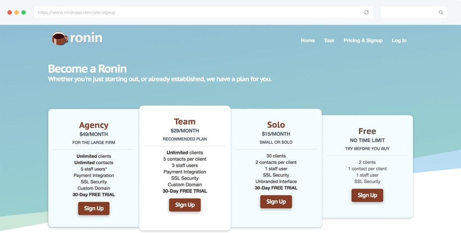 Ronin Pricing Page