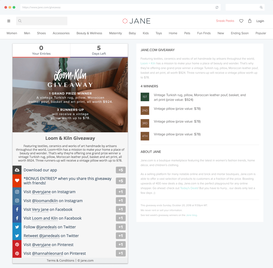 Jane.com Gleam Giveaway Landing Page