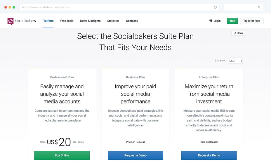SocialBakers Pricing Page