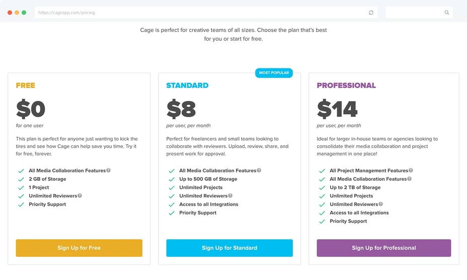 Cage Pricing Page