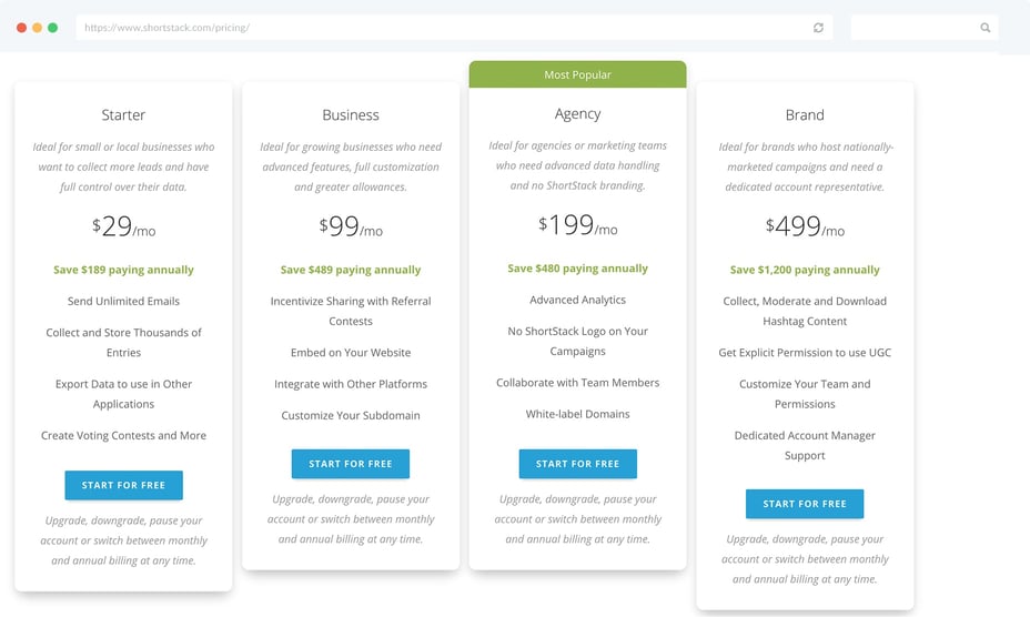 ShortStack Pricing Page