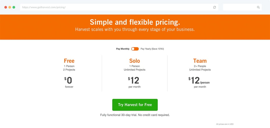 Harvest Pricing Page