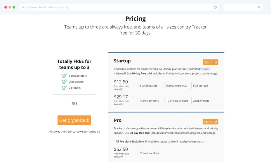 Pivotal Tracker Pricing Page