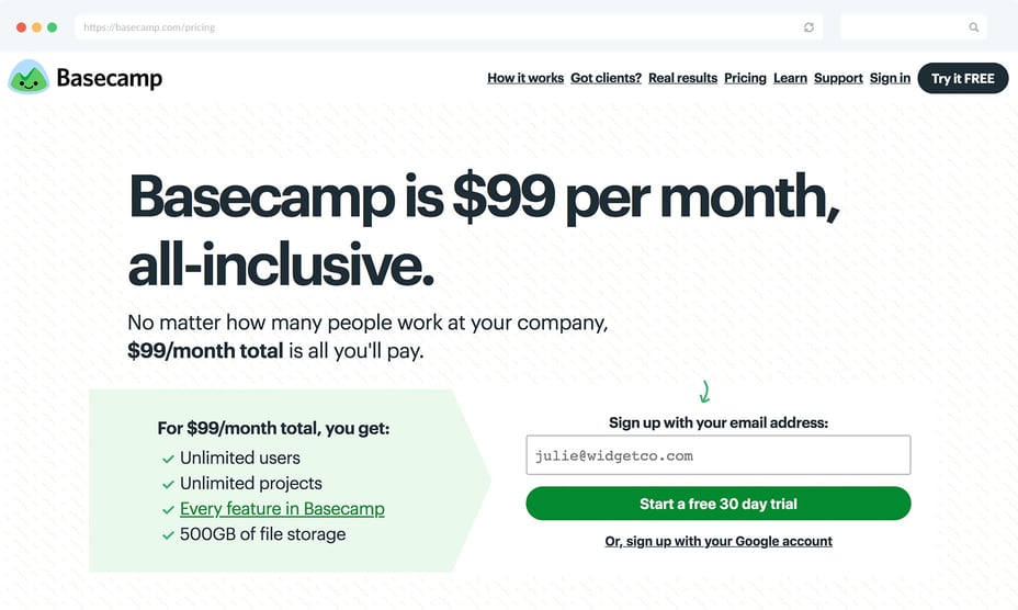 Basecamp Pricing Page