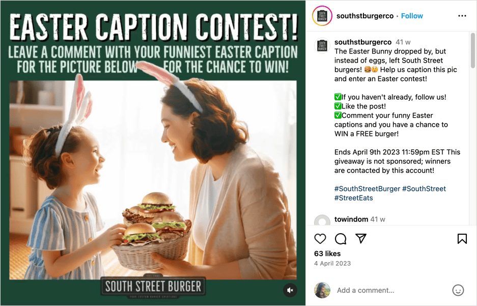 South Street Burger Easter Caption Contest promoted on Instagram